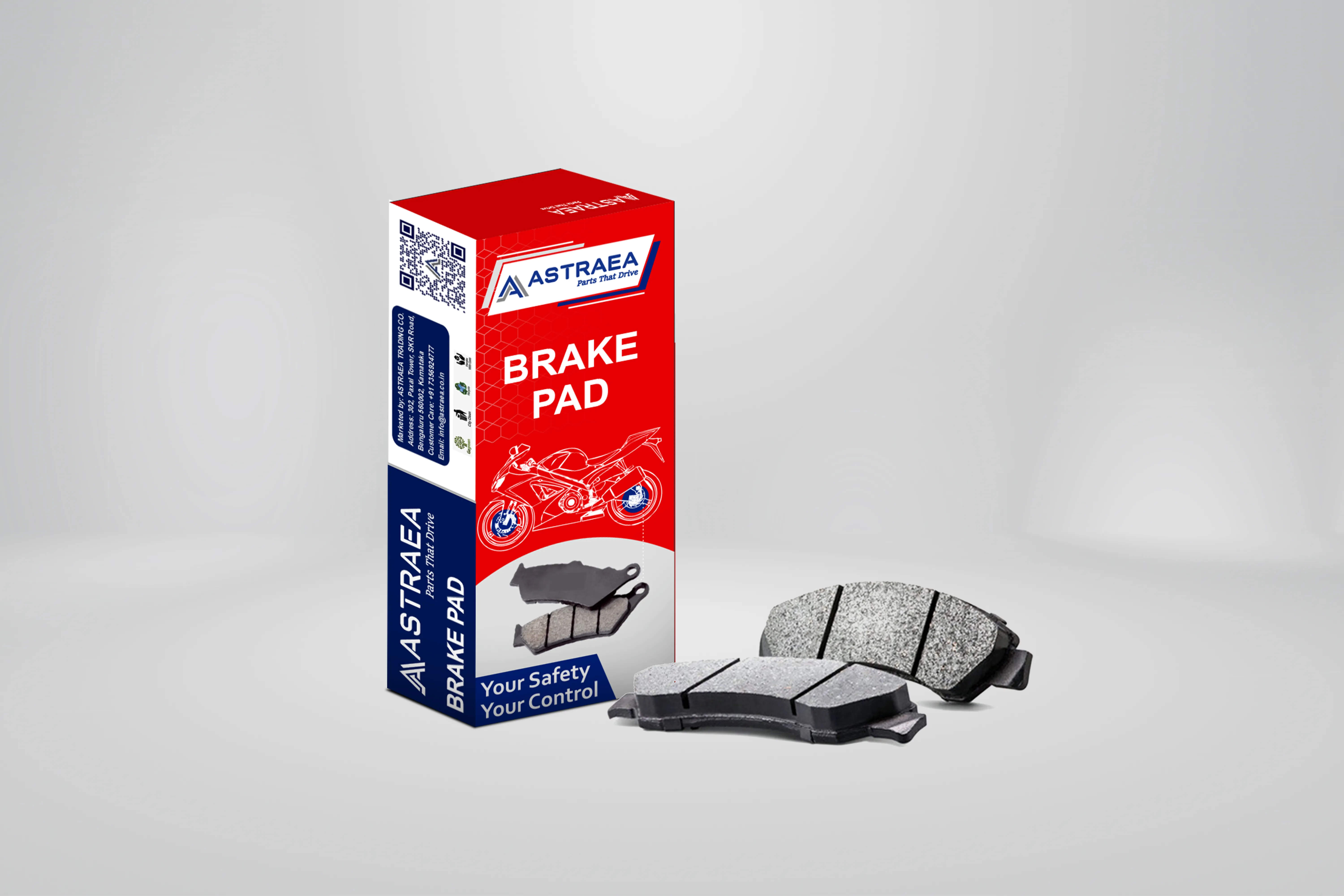 Astraea motorcycle brake-pad product carton with disc brake pads